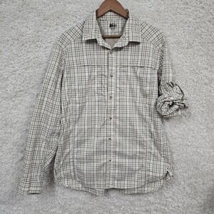 REI Plaid Button Down Shirt Mens L Tan Green Mesh Vents Roll Tab Hiking Gorpcore